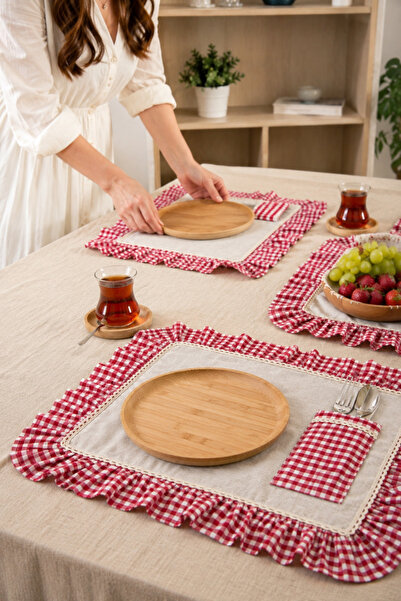 Mirilliahome Serviciu american cu 2 buzunare din in brut cu detaliu cu volane...