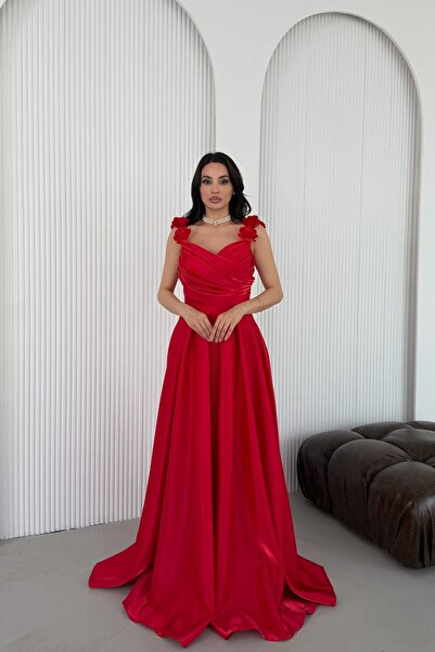 Serica Moda Kırmızı Çiçekli Askılı Drapeli Eteği Pileli Uzun Abiye Elbise