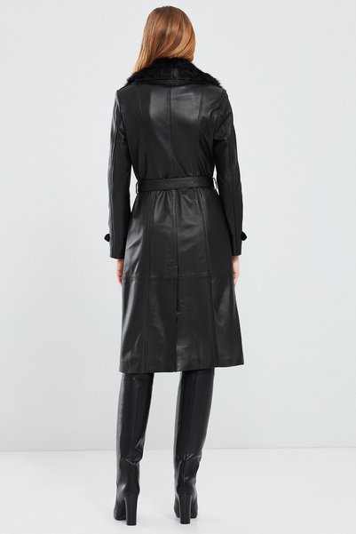 Derimod Brenda Women's Black Fur Leather Trench Coat 17Wge53401M