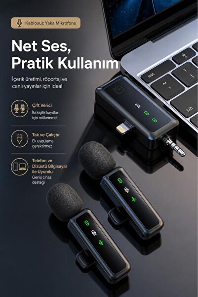 Torima Yaka Mikrofonu Type-C Lightning Aux 2 Adet 3IN1 Kablosuz Mikrofon H68 Siyah
