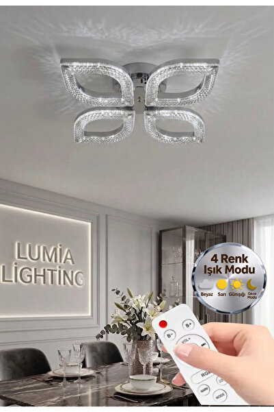 Lumia Lighting Yonca Model Gümüş Kumandalı 4"lü Ledli 3 Renk Modu Kristal Sal...