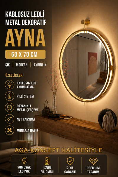AGA KONSEPT Istanbul Gold Kablosuz LED'li Ayna, Metal Dekoratif Hol Duvar Sal...