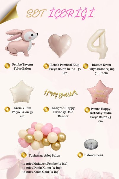 Patladı Gitti Pink Rabbit 4Th Birthday Balloon Set