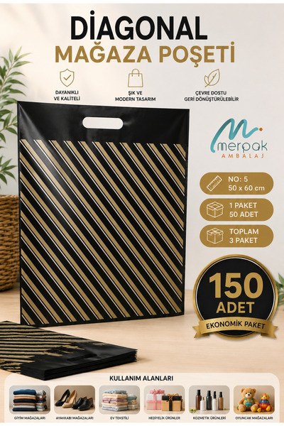 Merpak Ambalaj Çizgili Mağaza Poşeti (NO 5) 150 Adet 50x60 Cm Çizgili Takviye...