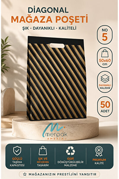 Merpak Ambalaj Çizgili Mağaza Poşeti (NO 5) 50 Adet 50x60 Cm Çizgili Takviyel...