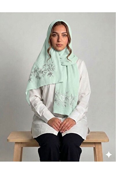 Veil Designer طرحه بوال طبقتين اخضر تفاحي بتطريز علي الطرفين قماش ياباني 190*60