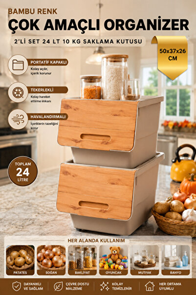 nextbuy 24 LT Bambu Renk Organizer Çok Amaçlı Kutu Tekerlekli Patates Sebze S...