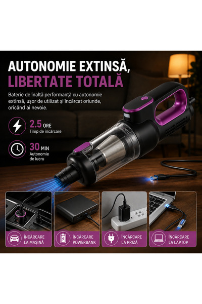 Omaly Aspirator de mână Portabil, Mini aspirator auto fără Fir, 12000Pa, 2in1 Motor brushless, Autonomie 30min, 7 Accesorii incluse, USB Type-C, Display Digital, Compact și Ușor, Aspiră și Suflă, Roz