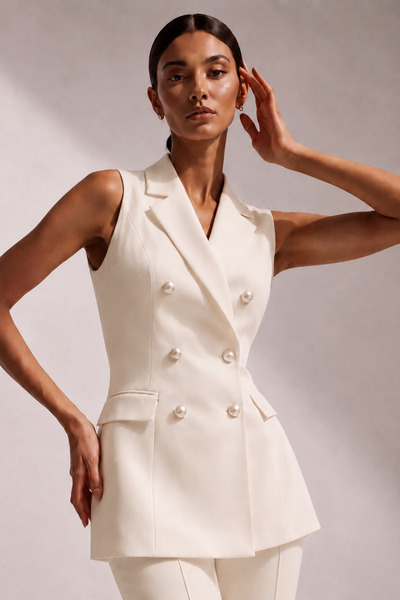 PEARL Kadın Yelek Beyaz Krep Kruvaze Inci Düğmeli Slim Fit Şık Ofis Davet Gün...