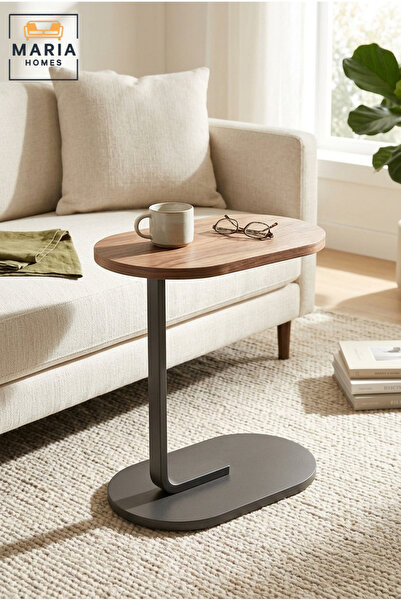 MARIA HOMES طاولة جانبية عصرية على شكل حرف C بسطح خشبي وقاعدة معدنية، طاولة ق...