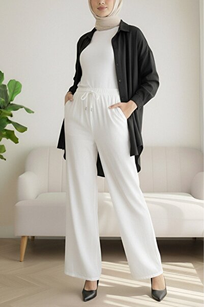 Modamorfo Elastic Waist, Lace Detail, Wide Leg Sofia Linen Look Trousers -White