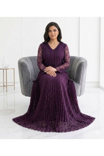 sea gulf Lace Pleated Dress with Long Sleeves