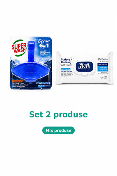 Fibril Baie, Set 2 Produse: odorizant WC Ocean, servetele umede suprafete Blue