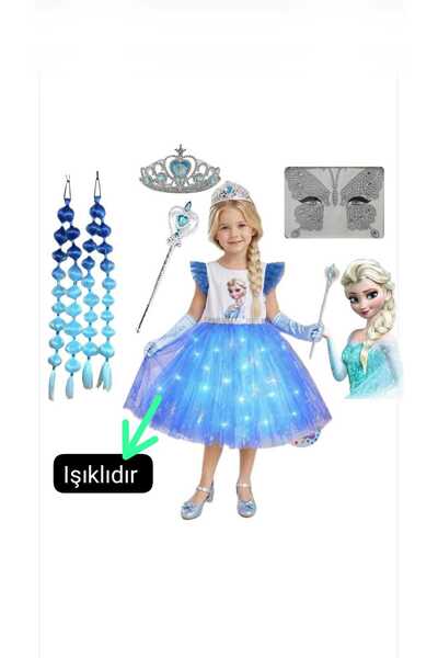 3b kids elsa ışıklı elbise kostüm + elsa mavi peruk bubble saç+ taç asa + yüz...