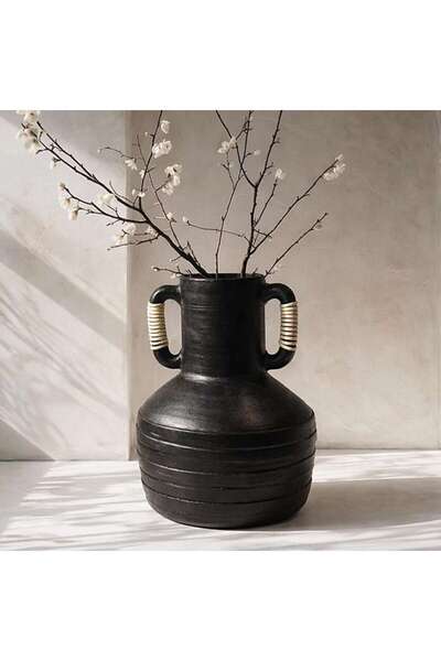 PAN HOME Kilwa Terracotta Rattan Handle Decor Vase 25.4x25.4x36.83cm - Black