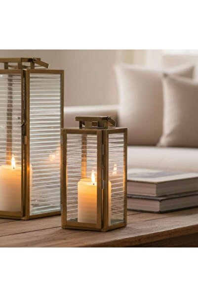 PAN HOME فانوس براين المعدني والزجاج المضلع 19x18x39 سم - ذهبي