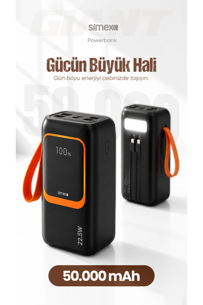 Simex 50.000 mAh 22.5W PD Hızlı Şarj Kablolu Powerbank Dijital Göstergeli Fen...