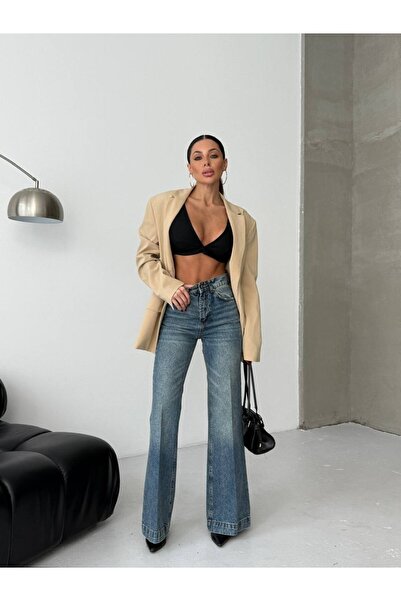 HerTon Yüksek Bel %100 Pamuklu Bol Paça Denim Pantolon - Premium Jean