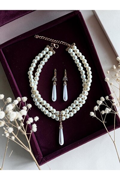 FAYRA ACCESSORIES Kristal Taşlı İnci Sallantılı Tasma İnci Kolye ve İnci Küpe