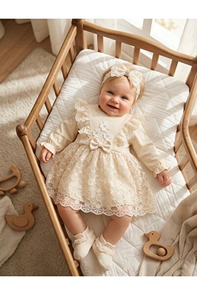 Miniday Baby Kız Bebek Mevlütlük Elbise Bandanalı Dantelli ELB1066