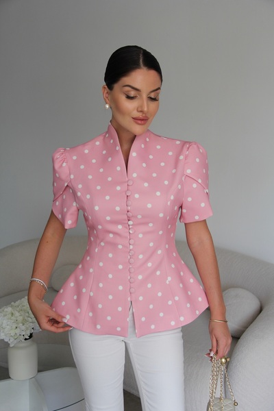 Julidress Jachetă blazer premium roz cu buline, cu detalii cu nasturi și căpt...