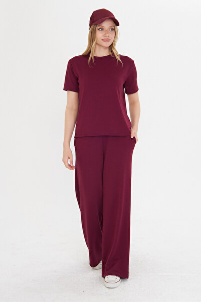 THIFF GYMWEAR Bordo Kadın Modal Kumaş Kısa Kolu Eşofman Takımı