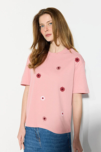 Gusto Tricou din bumbac cu broderie florală și croială confortabilă - Roz