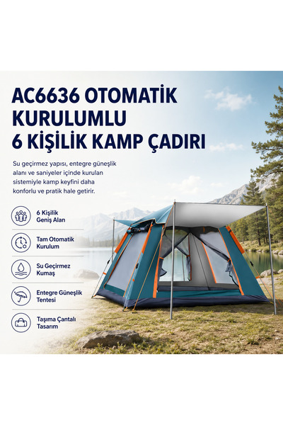 hızlı store AC6636 Otomatik Kurulumlu, Su Geçirmez & Güneşlikli 6 Kişilik Kam...