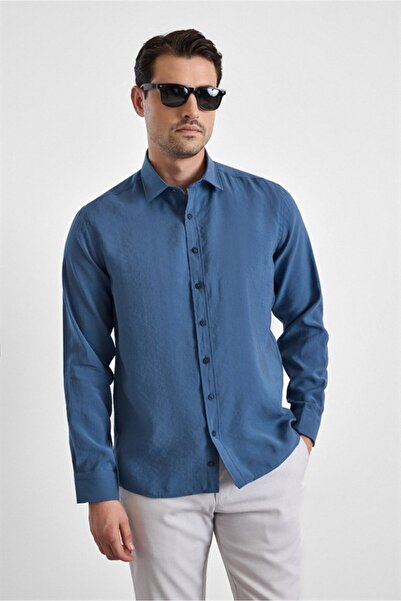 SÜVARİ Mavi Slim Klasik Yaka Düz Casual Gömlek