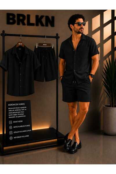 BRLKN Set cămașă și pantaloni scurți unisex, cu mânecă scurtă, din țesătură G...