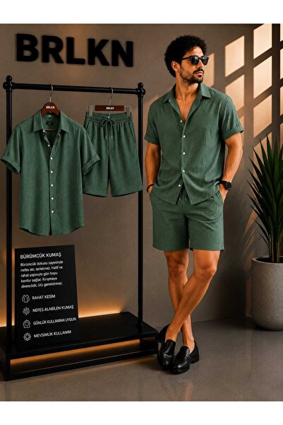 BRLKN Set cămașă și pantaloni scurți unisex, cu mânecă scurtă, din țesătură G...