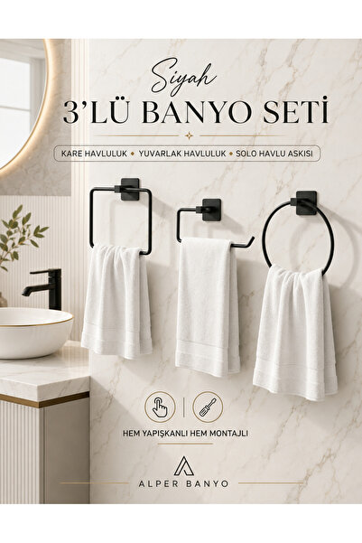 Alper Banyo Yapışkanlı Banyo Aksesuar Seti Kare Uzun Havluluk Kare Halka Havl...