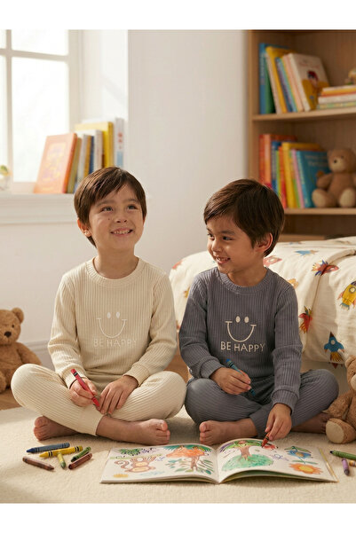 Minidamla Smiling Face Printed Pajama Set for 1-7 Years Old - Beige