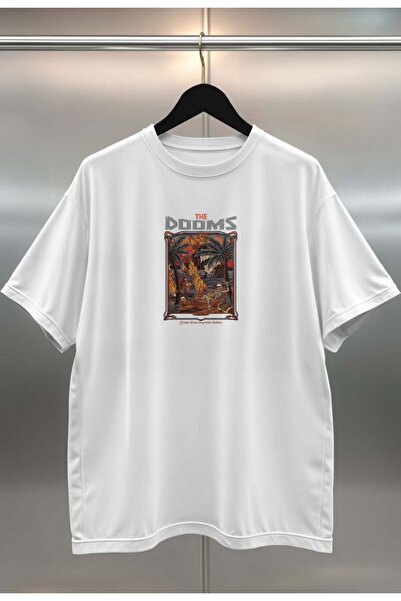 buzagi tasarım ürünleri The Dooms Digital Print Oversize Unisex White T-Shirt