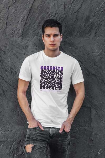 buzagi tasarım ürünleri Brooklyn Digital Print Regular Fit White Unisex T-Shirt