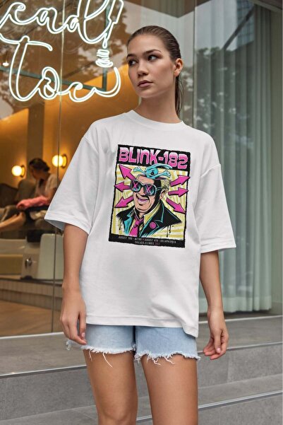 buzagi tasarım ürünleri Blink 182 Oversize Unisex White T-Shirt