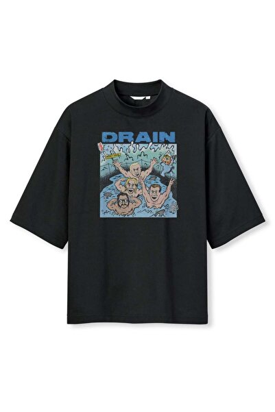 buzagi tasarım ürünleri Drain Digital Print Oversize Black Unisex T-Shirt