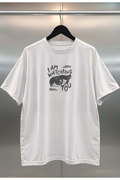 buzagi tasarım ürünleri Watching Digital Printing Oversize White Unisex T-Shirt