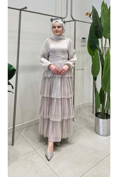 Rumella 26Y9657 ABİYE ELBİSE ETEĞİ DÖRT KAT BELİ BAĞLAMALI JANJAN KUMAŞ BEJ