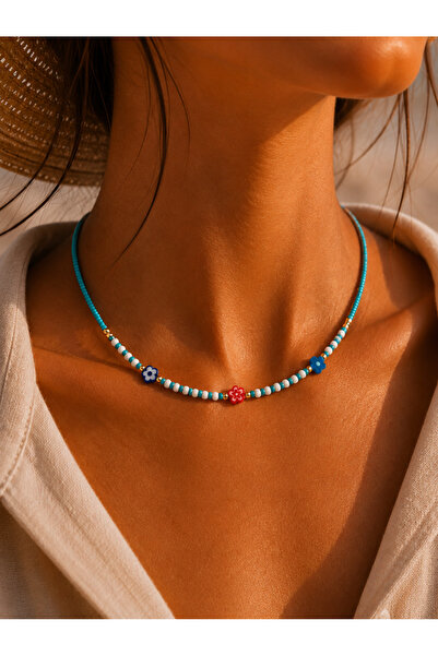 ACAR TAKI Green Beaded, Colorful Flower Necklace 41+4cm Acr9897
