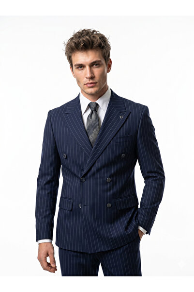 HERMOSE Sartorial |   Deep Navy Blue Striped Double-Breasted Suit