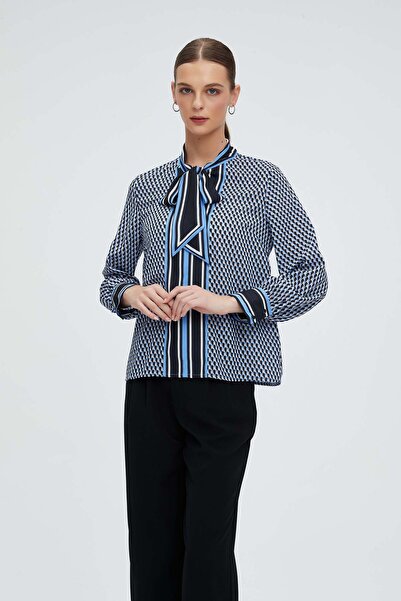 Nichii Long-Sleeve Printed Women's Blouse with Bow Detail at the Neck