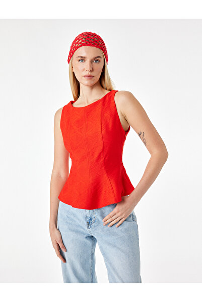Koton Viscose Fabric Floral Textured Sleeveless Crew Neck Peplum Blouse