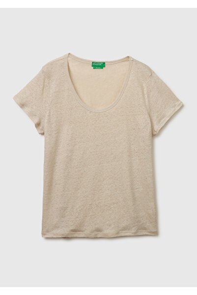 United Colors of Benetton Kadın Taş %100 Keten Geniş Yaka Kısa Kollu T-Shirt