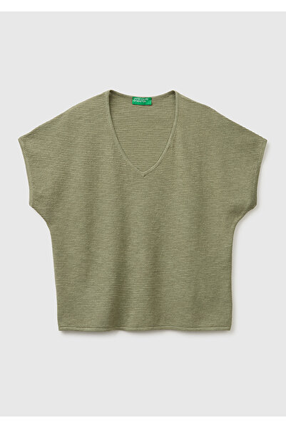 United Colors of Benetton Women's khaki cotton linen blend off shoulder v nec...