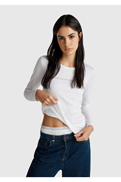 United Colors of Benetton Tricou de damă cu mânecă lungă, cu gât rotund, 100%...