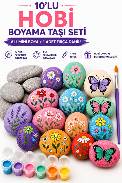 Yapısan 10’lu Hobi Boyama Taşı Seti + 6 Renk Boya + 1 Fırça | DIY Hobi Etkinl...