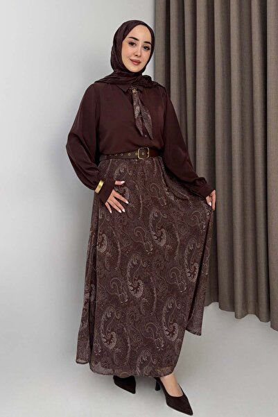 Raneel Kazançlı Alışveriş Women's belted chiffon skirt top shirt scarf set brown