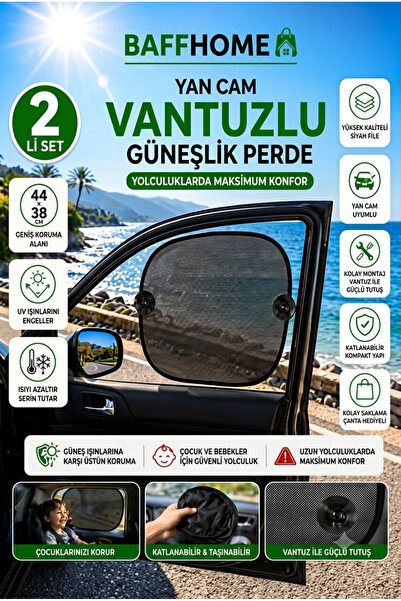 baffhome Araç Yan Cam Güneşlik Perdesi 2'li Set Vantuzlu Katlanabilir Araba G...