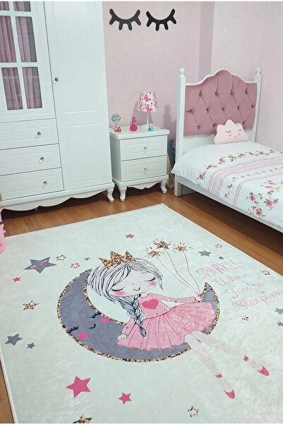 VOPTEKS Gri Pembe Çocuk Halısı Makinede Yıkanabilir Kaymaz Taban Kız Çocuk Od...